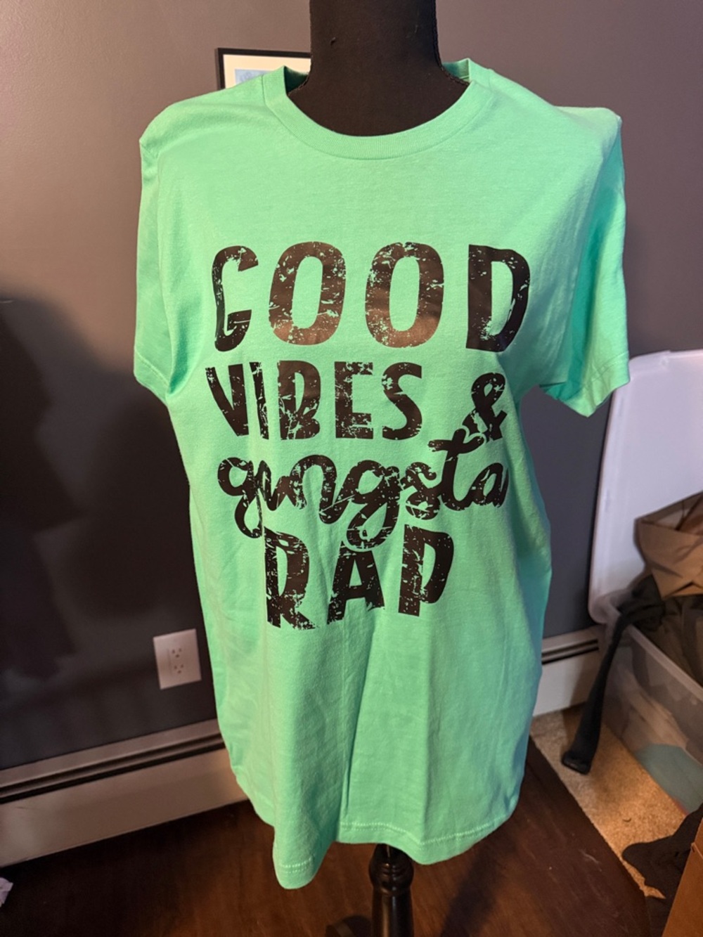 Tultex Good Vibes & Gangsta Rap Graphic Tee Mint Green Short Sleeve Shirt Medium